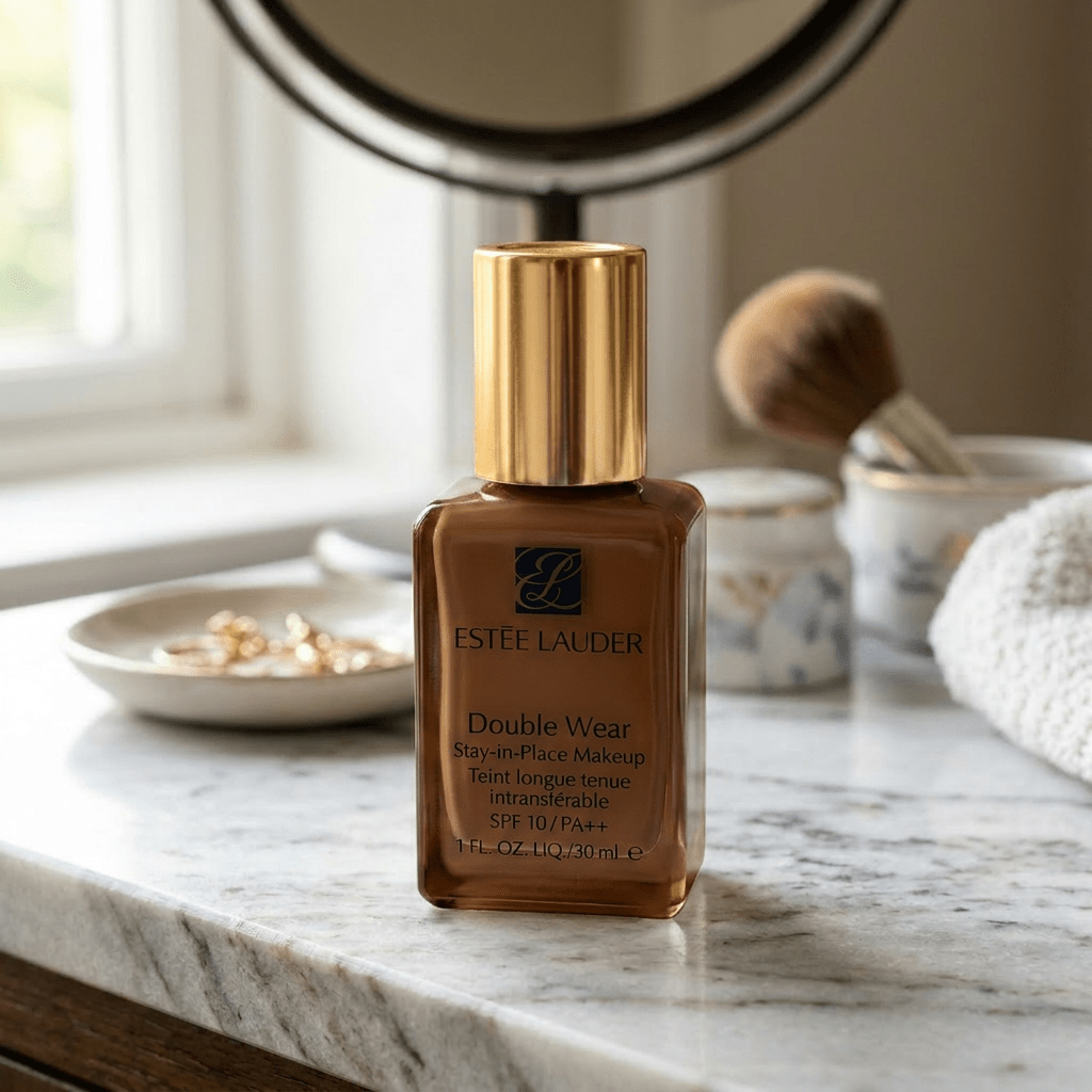 Estée Lauder Double Wear Stay-in-Place Makeup foundation bottle with gold cap on marble surface